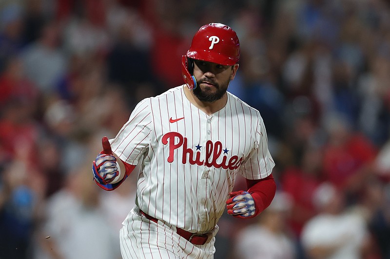 Sep 9, 2024; Philadelphia, Pennsylvania, USA; Philadelphia Phillies designated hitter Kyle Schwarber (12) reacts after hitting a home run against the Tampa Bay Rays during the sixth inning at Citizens Bank Park. Mandatory Credit: Bill Streicher-Imagn Images