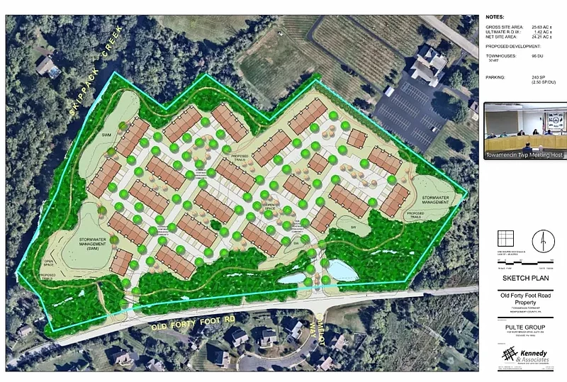 Towamencin’s board of supervisors, inset, see a conceptual site plan for a project proposing 96 townhouses on a roughly 24-acre parcel on Old Forty Foot Road during the Aug. 28, 2024 meeting.