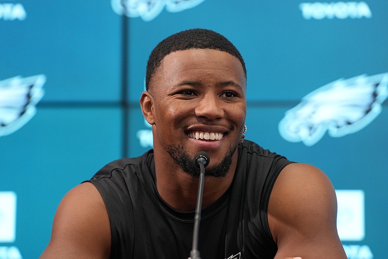 Sep 5, 2024; Sao Paolo, Brazil; Philadelphia Eagles running back Saquon Barkley at press conference at the Neo Química Arena. Mandatory Credit: Kirby Lee-Imagn Images