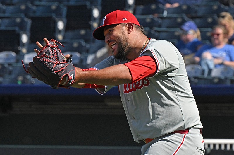 Aug 25, 2024; Kansas City, Missouri, USA; Philadelphia Phillies pitcher Carlos Estevez (53) reacts after beating the Kansas City Royals at Kauffman Stadium. Mandatory Credit: Peter Aiken-USA TODAY Sports