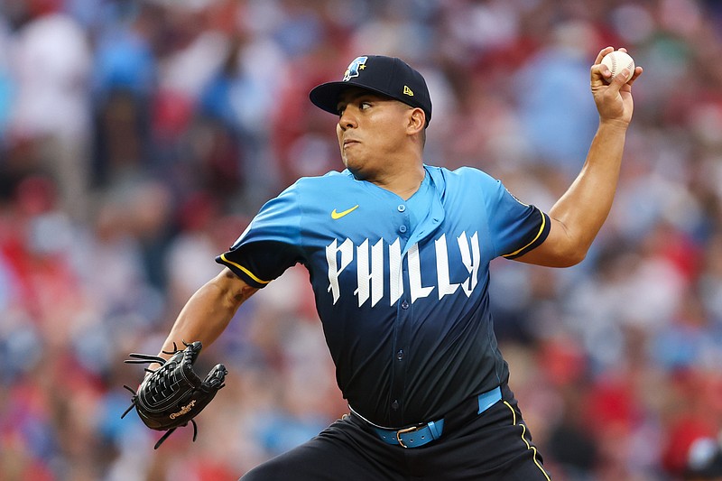 Aug 30, 2024; Philadelphia, Pennsylvania, USA; Philadelphia Phillies pitcher Ranger Su‡rez (55) throws a pitch during the first inning against the Atlanta Braves at Citizens Bank Park. Mandatory Credit: Bill Streicher-USA TODAY Sports