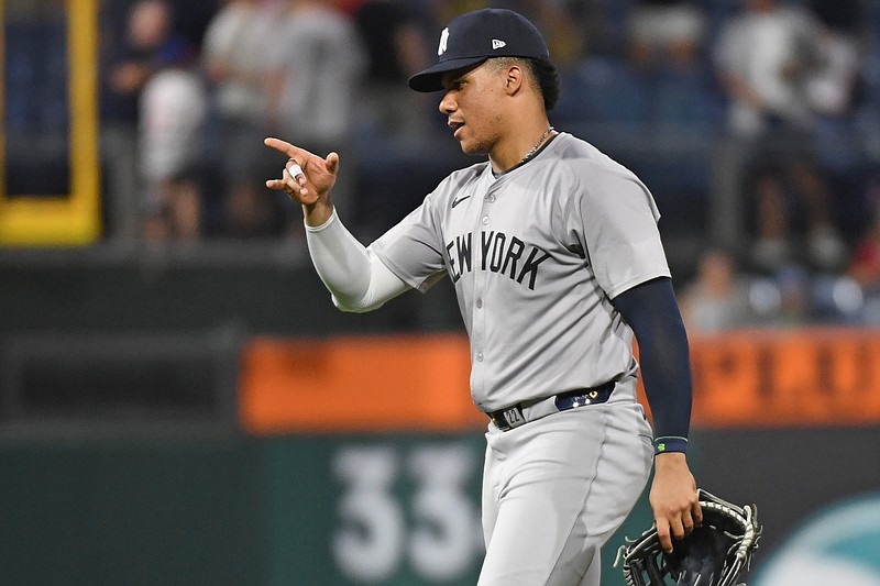 Jul 29, 2024; Philadelphia, Pennsylvania, USA; New York Yankees outfielder Juan Soto (22) celebrates win against the Philadelphia Phillies at Citizens Bank Park. Mandatory Credit: Eric Hartline-USA TODAY Sports