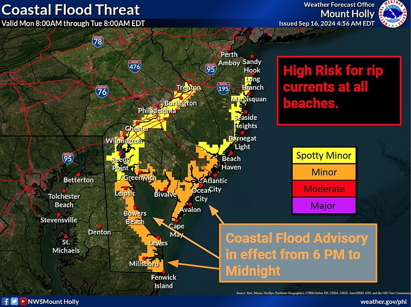 The National Weather Service warns there will also be a high risk of rip currents at all beaches during the flood advisory.