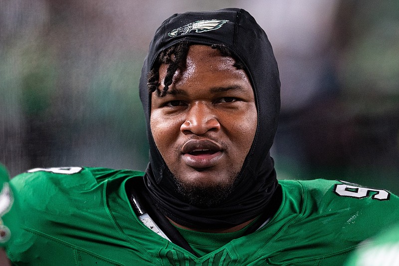 Oct 22, 2023; Philadelphia, Pennsylvania, USA; Philadelphia Eagles defensive tackle Jalen Carter (98) looks on during the fourth quarter against the Miami Dolphins at Lincoln Financial Field. Mandatory Credit: Bill Streicher-USA TODAY Sports