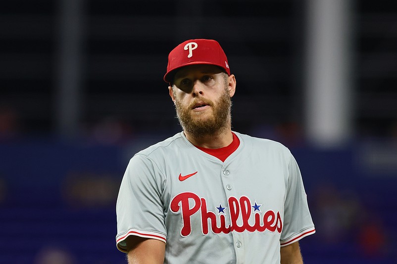 Sep 6, 2024; Miami, Florida, USA; Philadelphia Phillies starting pitcher Zack Wheeler (45) looks on against the Miami Marlins during the fifth inning at loanDepot Park. Mandatory Credit: Sam Navarro-Imagn Images