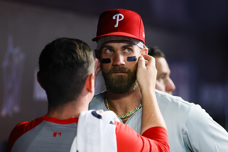 Sep 6, 2024; Miami, Florida, USA; Philadelphia Phillies first baseman Bryce Harper (3) prepares for the game against the Miami Marlins at loanDepot Park. Mandatory Credit: Sam Navarro-Imagn Images