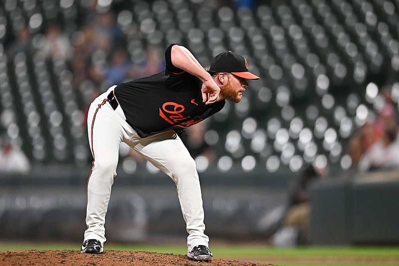 Jul 29, 2024; Baltimore, Maryland, USA; Baltimore Orioles pitcher Craig Kimbrel (46) prepares to throw a pitch during the eighth inning against the Toronto Blue Jays at Oriole Park at Camden Yards. Mandatory Credit: Reggie Hildred-USA TODAY Sports