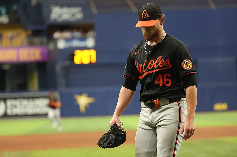 Aug 11, 2024; St. Petersburg, Florida, USA; Baltimore Orioles pitcher Craig Kimbrel (46) looks down after he pitched the eighth inning against the Tampa Bay Rays at Tropicana Field. Mandatory Credit: Kim Klement Neitzel-USA TODAY Sports