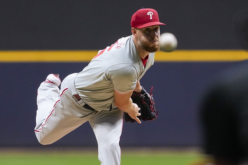 Sep 17, 2024; Milwaukee, Wisconsin, USA;  Philadelphia Phillies pitcher Zack Wheeler (45) throws a pitch during the first inning against the Milwaukee Brewers at American Family Field. Mandatory Credit: Jeff Hanisch-Imagn Images