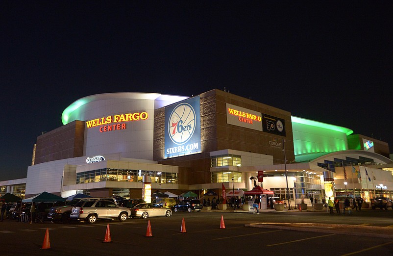 Nov 10, 2014; Philadelphia, PA, USA; General view of the Wells Fargo Center exterior. The arena is the home of the Philadelphia 76ers. Mandatory Credit: Kirby Lee-USA TODAY Sports