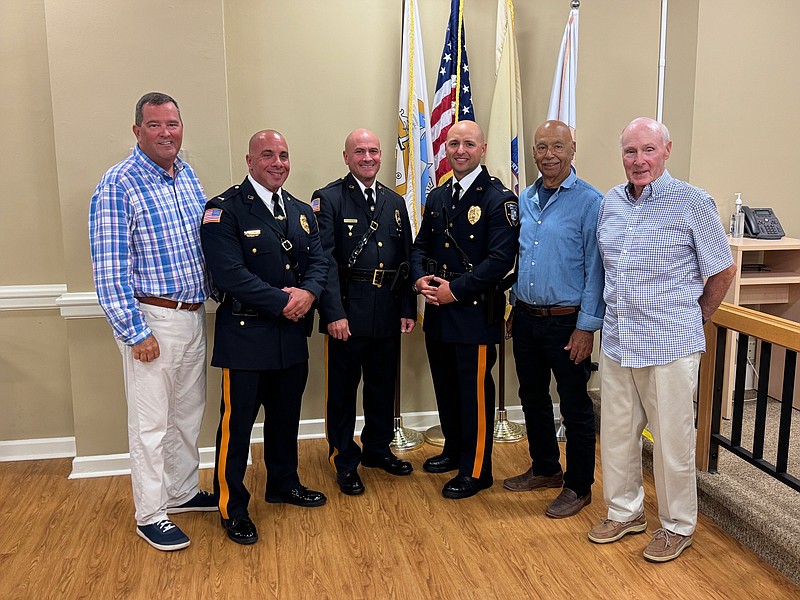 Longport Police Department promoted two officers to the rank of lieutenant Wednesday, Sept. 18, 2024. From left, Commissioner of Public Safety Dan Lawler, Lt. Ray A. Burgan, Police Chief Frank Culmone, Lt. Nicholas P. Rettino, Mayor Nicholas Russo and Commissioner Jim Leeds Sr.