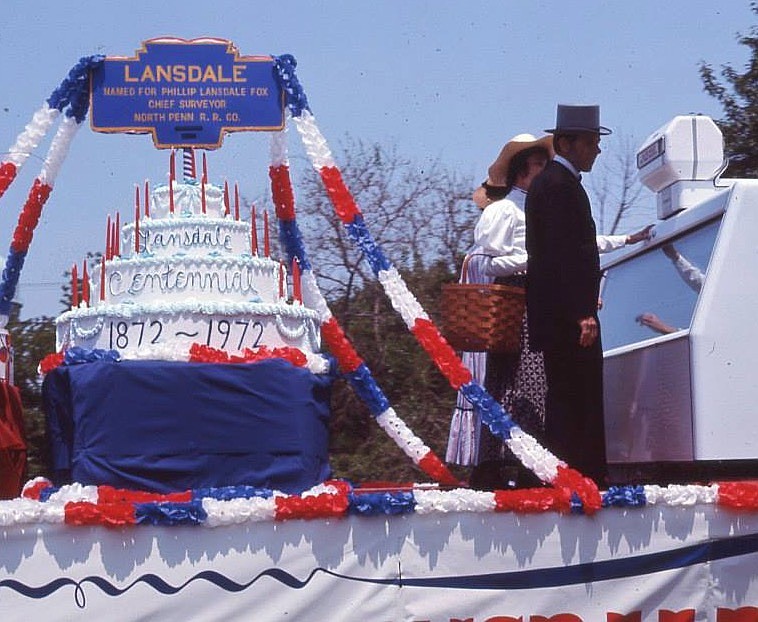 A float in the Lansdale Centennial Parade in 1972 carried local dignitaries, an historical marker explaining the name of the town, and a cake reading ‘Lansdale Centennial 1872-1972.’ (Photo courtesy of Lansdale Historical Society)