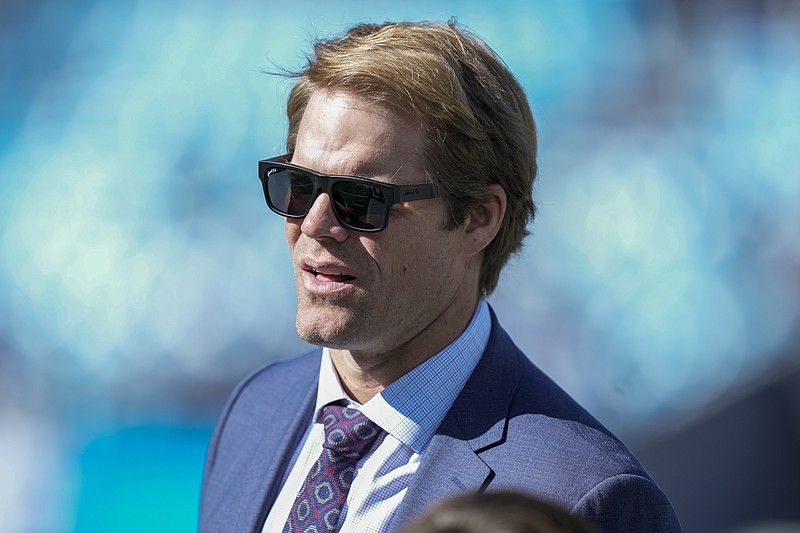 Nov 19, 2023; Charlotte, North Carolina, USA;  Former Panther and now announcer Greg Olsen during pregame warm ups between the Carolina Panthers and the Dallas Cowboys at Bank of America Stadium. Mandatory Credit: Jim Dedmon-USA TODAY Sports