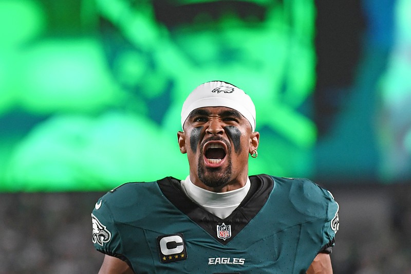 Sep 16, 2024; Philadelphia, Pennsylvania, USA; Philadelphia Eagles quarterback Jalen Hurts (1) before start of game against the Atlanta Falcons at Lincoln Financial Field. Mandatory Credit: Eric Hartline-Imagn Images