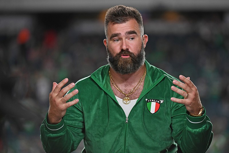 Sep 16, 2024; Philadelphia, Pennsylvania, USA;  ESPN Monday Night Football broadcaster Jason Kelce on the set before game between Philadelphia Eagles and Atlanta Falcons at Lincoln Financial Field. Mandatory Credit: Eric Hartline-Imagn Images