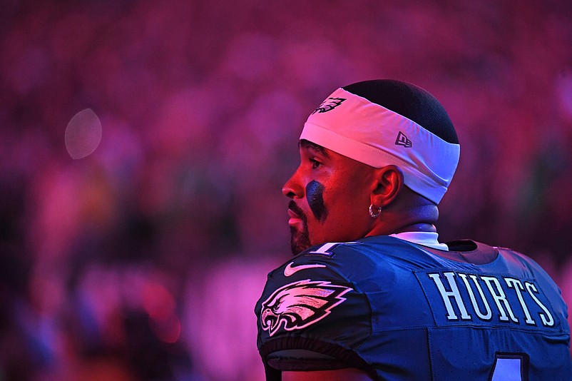 Sep 16, 2024; Philadelphia, Pennsylvania, USA; Philadelphia Eagles quarterback Jalen Hurts (1) during pregame ceremonies against the Atlanta Falcons at Lincoln Financial Field. Mandatory Credit: Eric Hartline-Imagn Images