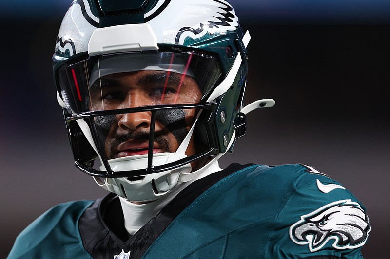 Sep 16, 2024; Philadelphia, Pennsylvania, USA; Philadelphia Eagles quarterback Jalen Hurts (1) warms up before action against the Atlanta Falcons at Lincoln Financial Field. Mandatory Credit: Bill Streicher-Imagn Images