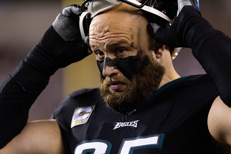 Nov 27, 2022; Philadelphia, Pennsylvania, USA; Philadelphia Eagles offensive tackle Lane Johnson (65) on the sideline against the Green Bay Packers at Lincoln Financial Field. Mandatory Credit: Bill Streicher-USA TODAY Sports