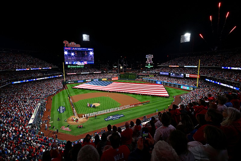 Oct 16, 2023; Philadelphia, Pennsylvania, USA; A view of the stadium during the national anthem bfore game one of the NLCS for the 2023 MLB playoffs between the Philadelphia Phillies and the Arizona Diamondbacks at Citizens Bank Park. Mandatory Credit: Kyle Ross-USA TODAY Sports