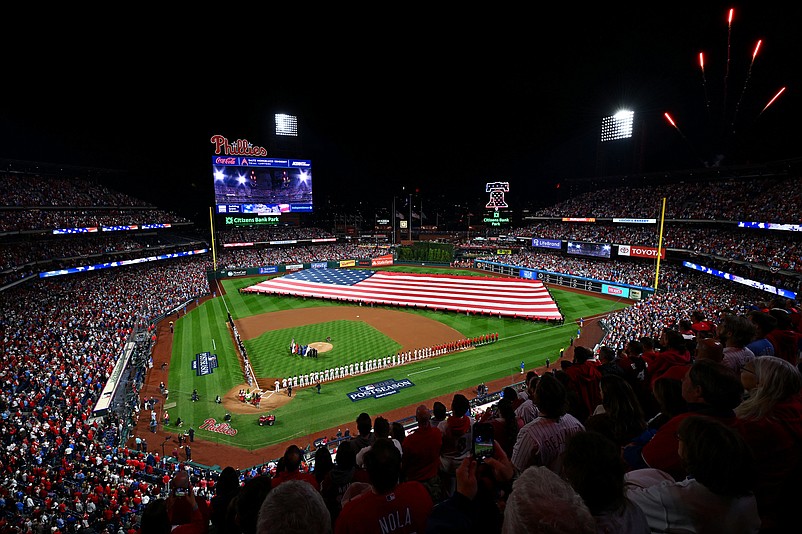 Oct 16, 2023; Philadelphia, Pennsylvania, USA; A view of the stadium during the national anthem bfore game one of the NLCS for the 2023 MLB playoffs between the Philadelphia Phillies and the Arizona Diamondbacks at Citizens Bank Park. Mandatory Credit: Kyle Ross-USA TODAY Sports