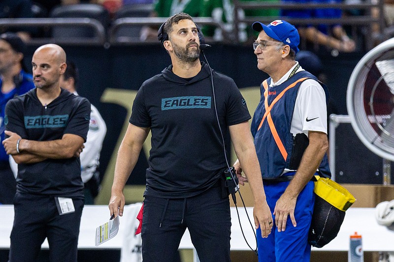 Sep 22, 2024; New Orleans, Louisiana, USA; Philadelphia Eagles head coach Nick Sirianni looks on against the New Orleans Saints during the first half at Caesars Superdome. Mandatory Credit: Stephen Lew-Imagn Images