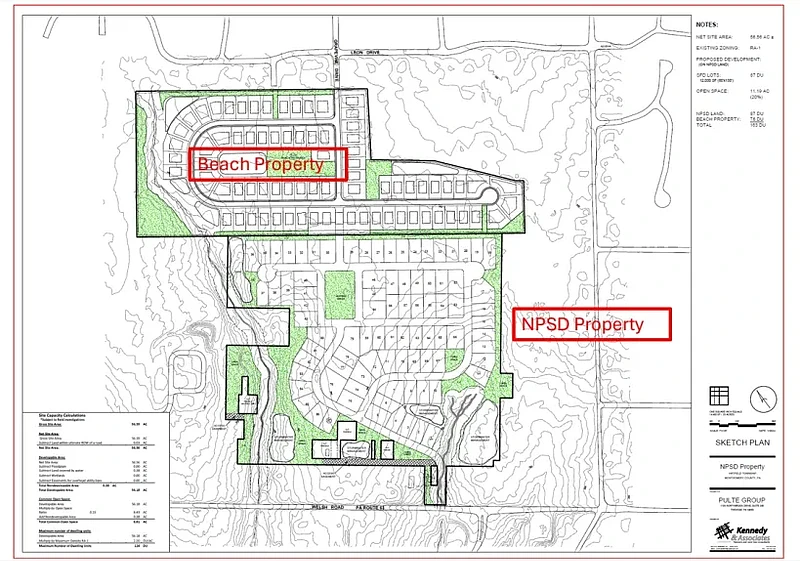 Site plan showing the “Movie lots” owned by North Penn School District, and the adjacent “Beach property” just to the north, located off of Welsh Road, at bottom, in Hatfield Township. (Image courtesy of North Penn School District)