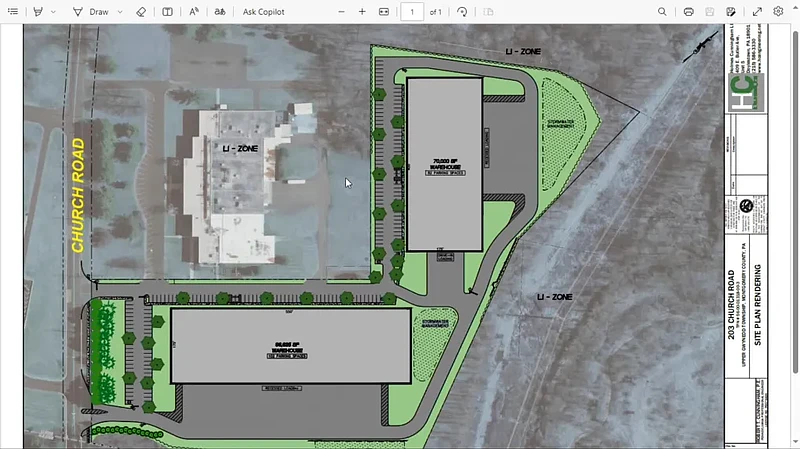 Site plan for two proposed warehouse buildings, one of 70,000 square feet at right, and another of 96,625 square feet at bottom, proposed for the property at 203 Church Road in Upper Gwynedd, as presented to the township commissioners on Sept. 10, 2024. (Screenshot of meeting video)