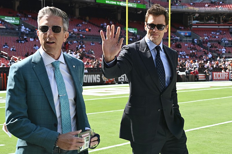 Sep 8, 2024; Cleveland, Ohio, USA; Fox Sports broadcaster Tom Brady greets fans before the game between the Cleveland Browns and the Dallas Cowboys at Huntington Bank Field. Mandatory Credit: Ken Blaze-Imagn Images