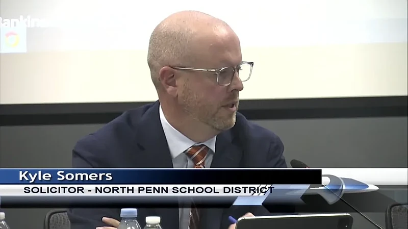 North Penn School District solicitor Kyle Somers discusses a draft policy update to the district’s Title IX policies and protections during the school board’s Sept. 19, 2024 meeting. (Screenshot of NPTV video)