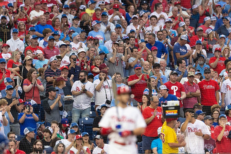 Aug 4, 2023; Philadelphia, Pennsylvania, USA; Philadelphia Phillies shortstop Trea Turner (7) receives a standing ovation from fans as he comes to the plate to bat during the second inning against the Kansas City Royals at Citizens Bank Park. Mandatory Credit: Bill Streicher-USA TODAY Sports