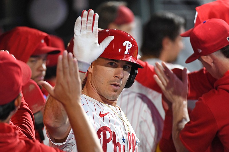 Sep 23, 2024; Philadelphia, Pennsylvania, USA; Philadelphia Phillies catcher J.T. Realmuto (10) celebrates his two-run home run during the second inning against the Chicago Cubs at Citizens Bank Park. Mandatory Credit: Eric Hartline-Imagn Images