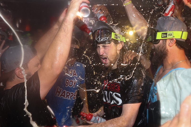 Oct 12, 2023; Philadelphia, Pennsylvania, USA; Philadelphia Phillies relief pitcher Matt Strahm (25) celebrates the series victory against the Atlanta Braves following game four of the NLDS for the 2023 MLB playoffs at Citizens Bank Park. Mandatory Credit: Bill Streicher-USA TODAY Sports