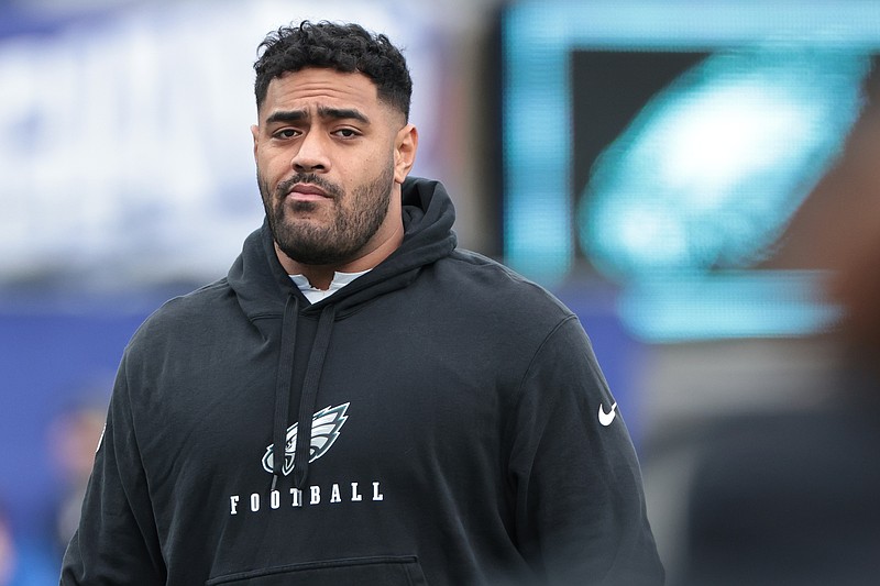 Jan 7, 2024; East Rutherford, New Jersey, USA; Philadelphia Eagles offensive tackle Jordan Mailata (68) on the field before the game against the New York Giants at MetLife Stadium. Mandatory Credit: Vincent Carchietta-USA TODAY Sports