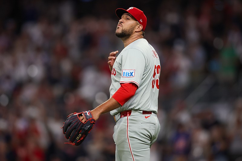 Aug 21, 2024; Atlanta, Georgia, USA; Philadelphia Phillies relief pitcher Carlos Estevez (53) in action against the Atlanta Braves in the ninth inning at Truist Park. Mandatory Credit: Brett Davis-USA TODAY Sports