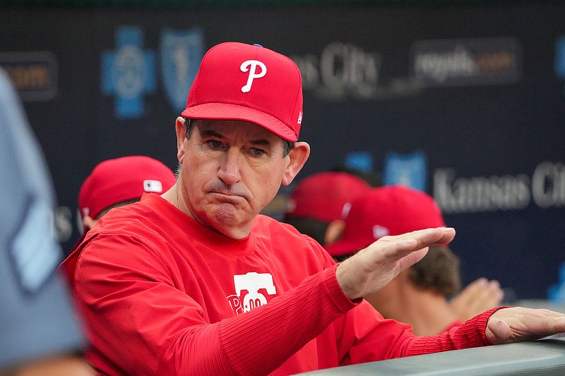 Aug 23, 2024; Kansas City, Missouri, USA; Philadelphia Phillies manager Rob Thomson (59) in the dugout against the Kansas City Royals prior to a game at Kauffman Stadium. Mandatory Credit: Denny Medley-USA TODAY Sports