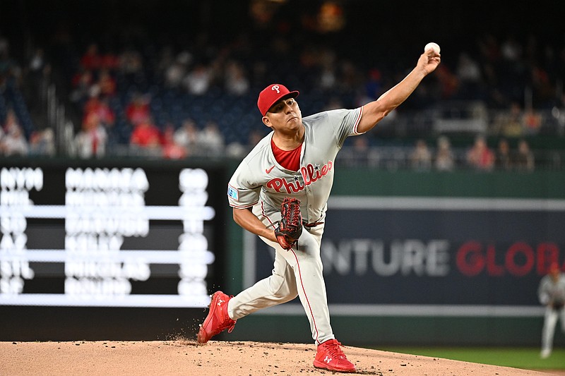 Sep 27, 2024; Washington, District of Columbia, USA;  Philadelphia Phillies pitcher Ranger Suarez (55) delivers a pitch during the first inning against the Washington Nationals at Nationals Park. Mandatory Credit: James A. Pittman-Imagn Images