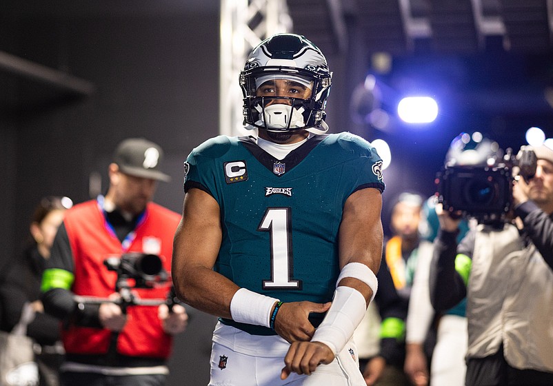 Dec 31, 2023; Philadelphia, Pennsylvania, USA; Philadelphia Eagles quarterback Jalen Hurts (1) walks from the tunnel for a game against the Arizona Cardinals at Lincoln Financial Field. Mandatory Credit: Bill Streicher-USA TODAY Sports