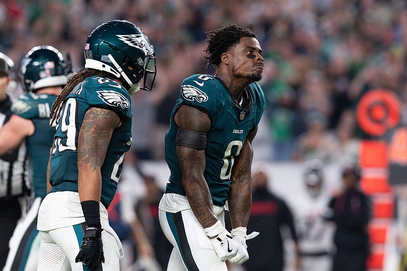 Sep 16, 2024; Philadelphia, Pennsylvania, USA; Philadelphia Eagles safety C.J. Gardner-Johnson (8) reacts after a fourth down stop against the Atlanta Falcons during the fourth quarter at Lincoln Financial Field. Mandatory Credit: Bill Streicher-Imagn Images