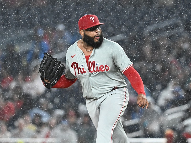 Sep 27, 2024; Washington, District of Columbia, USA;  Philadelphia Phillies pitcher Jose Alvarado (46) pitches against the Washington Nationals during the fifth inning at Nationals Park. Mandatory Credit: James A. Pittman-Imagn Images