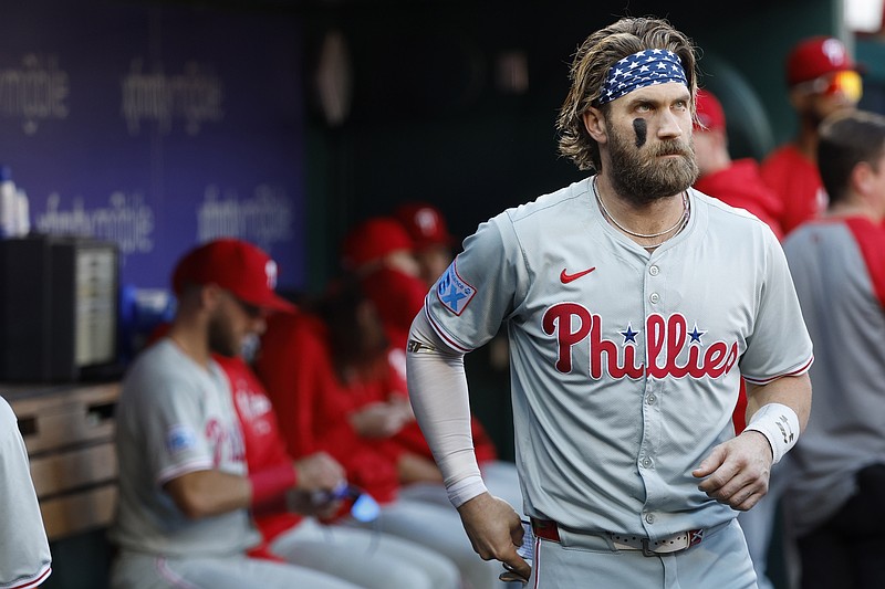 Sep 28, 2024; Washington, District of Columbia, USA; Philadelphia Phillies first base Bryce Harper (3) stands in the dugout prior to the game against the Washington Nationals at Nationals Park. Mandatory Credit: Geoff Burke-Imagn Images