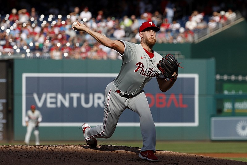 Sep 28, 2024; Washington, District of Columbia, USA; Philadelphia Phillies starting pitcher Zack Wheeler (45) pitches against the Washington Nationals during the first inning at Nationals Park. Mandatory Credit: Geoff Burke-Imagn Images