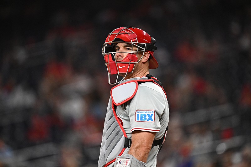 Sep 27, 2024; Washington, District of Columbia, USA;  Philadelphia Phillies catcher J.T. Realmuto (10) looks out to the crowd during the first inning against the Washington Nationals at Nationals Park. Mandatory Credit: James A. Pittman-Imagn Images