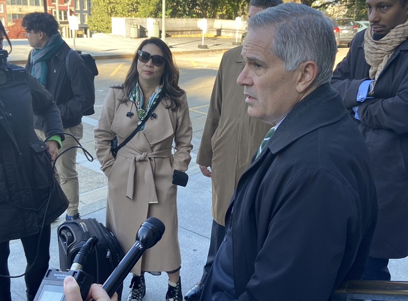 Philadelphia District Attorney Larry Krasner takes questions from reporters after a press conference in Harrisburg on Friday, Oct. 21, 2022 (Capital-Star photo).