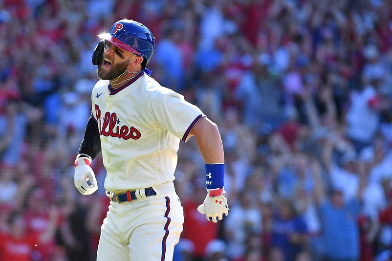 Jun 5, 2022; Philadelphia, Pennsylvania, USA; Philadelphia Phillies designated hitter Bryce Harper (3) celebrates his game-tying grand slam home run against the Los Angeles Angels during the eighth inning at Citizens Bank Park. Mandatory Credit: Eric Hartline-USA TODAY Sports