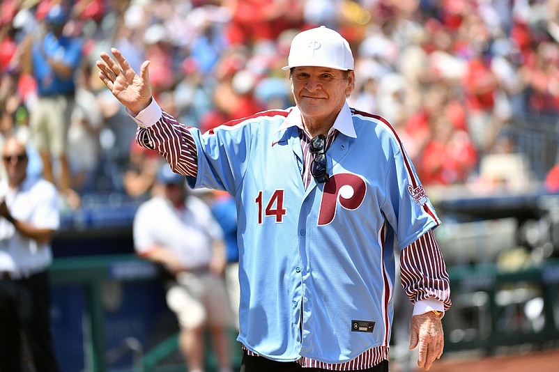 Aug 7, 2022; Philadelphia, Pennsylvania, USA;  Former Philadelphia Phillies great Pete Rose acknowledges the crowd during Alumni Day ceremony before game against the Washington Nationals at Citizens Bank Park. Mandatory Credit: Eric Hartline-USA TODAY Sports