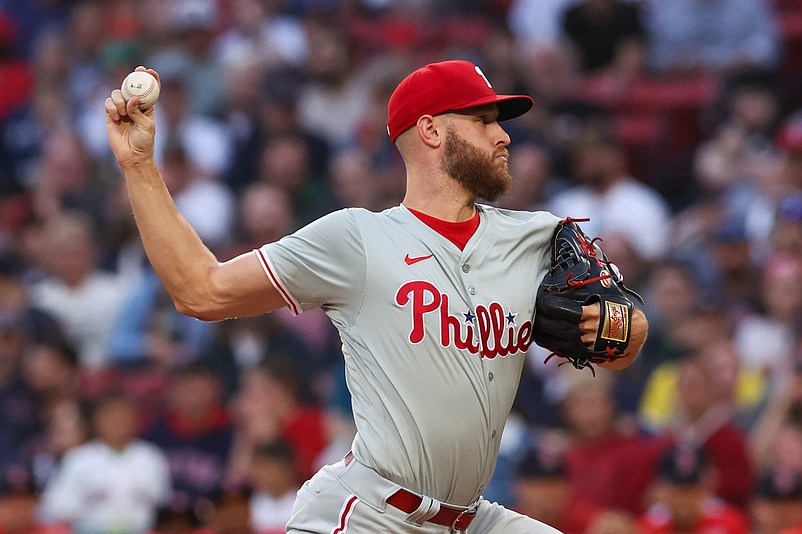 Jun 11, 2024; Boston, Massachusetts, USA; Philadelphia Phillies starting pitcher Zack Wheeler (45) throws a pitch during the second inning against the Boston Red Sox at Fenway Park. Mandatory Credit: Paul Rutherford-USA TODAY Sports