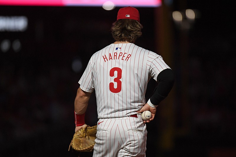 Aug 31, 2024; Philadelphia, Pennsylvania, USA; Philadelphia Phillies first base Bryce Harper (3) on the field before the ninth inning against the Atlanta Braves at Citizens Bank Park. Mandatory Credit: Eric Hartline-USA TODAY Sports