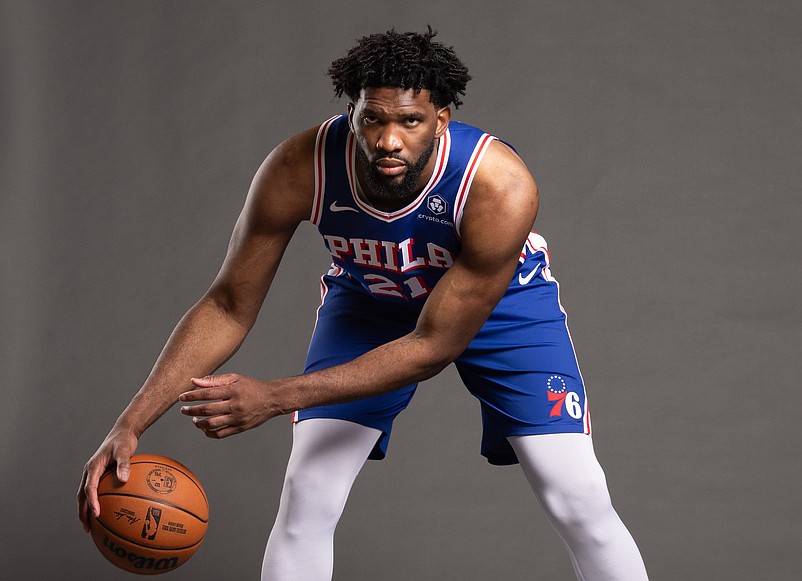 Sep 30, 2024; Camden, NJ, USA; Philadelphia 76ers center Joel Embiid (21) poses for a photo on media day at the Philadelphia 76ers Training Complex. Mandatory Credit: Bill Streicher-Imagn Images