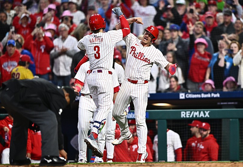 May 5, 2024; Philadelphia, Pennsylvania, USA; Philadelphia Phillies first baseman Bryce Harper (3) celebrates with catcher J.T. Realmuto (10) after hitting a three-run home run against the San Francisco Giants in the third inning at Citizens Bank Park. Mandatory Credit: Kyle Ross-USA TODAY Sports