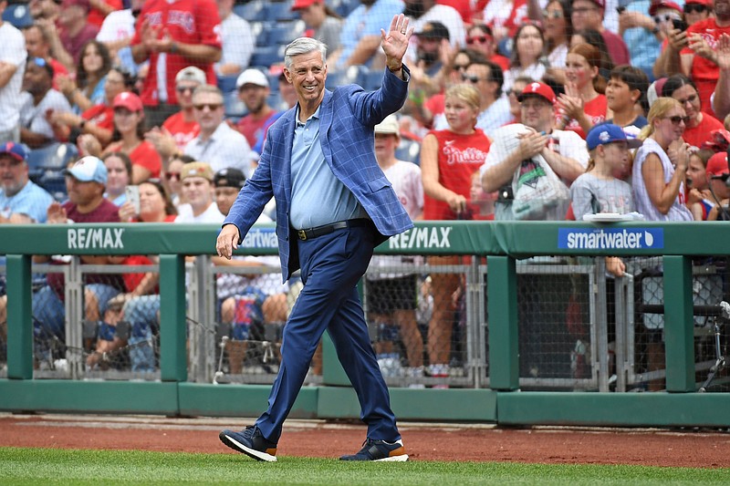 Aug 18, 2024; Philadelphia, Pennsylvania, USA; Former Philadelphia Phillies president Dave Dombrowski during Phillies Alumni Weekend and the 20th anniversary of Citizens Bank Park before game against the Washington Nationals at Citizens Bank Park. Mandatory Credit: Eric Hartline-USA TODAY Sports